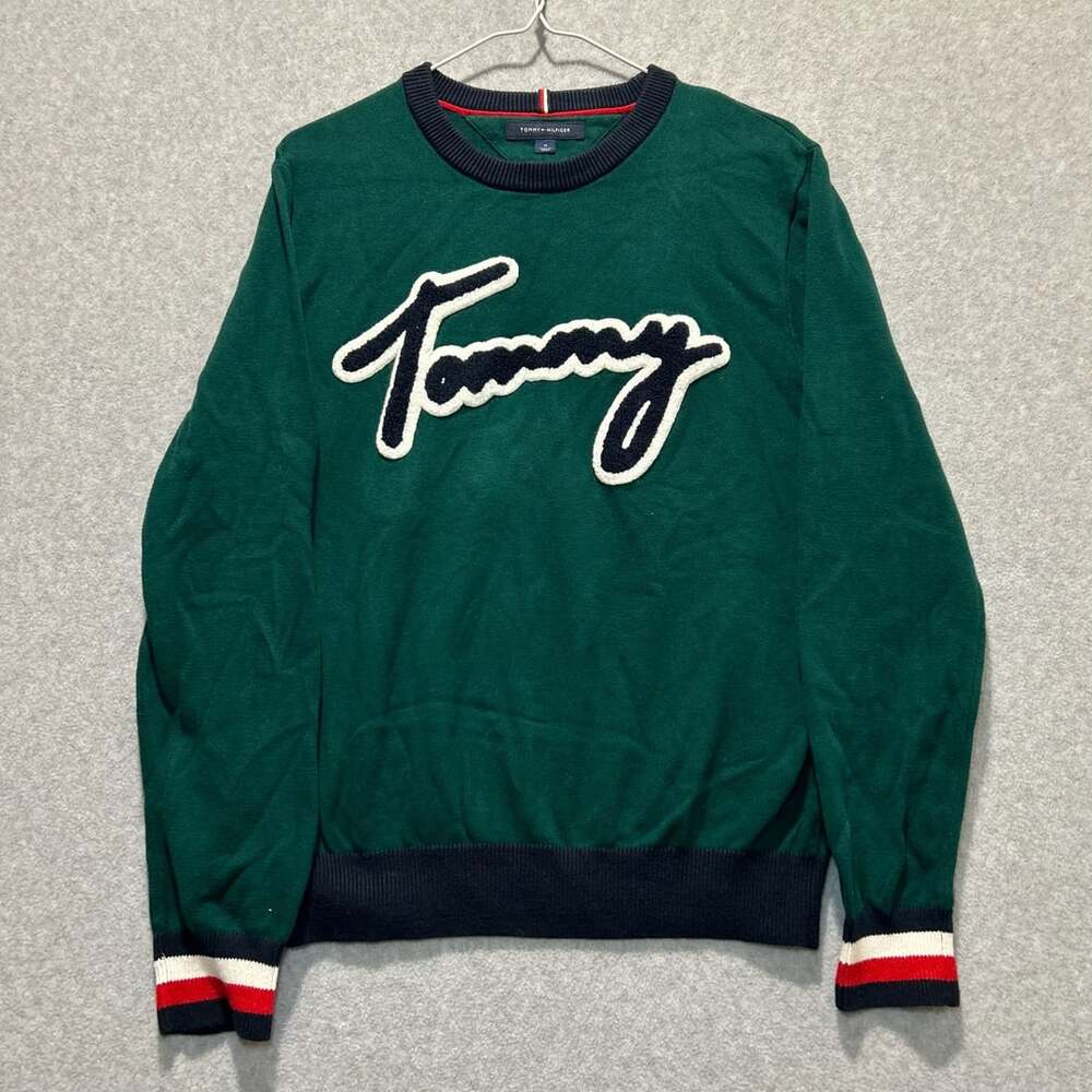 Tommy Hilfiger Men’s Green Y2K Script Logo Crewneck Pullover Sweater, Size M